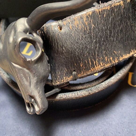 Ralph Lauren * Made in Italy Steer Head Black Distressed Calf Leather Belt - Picture 6 of 15